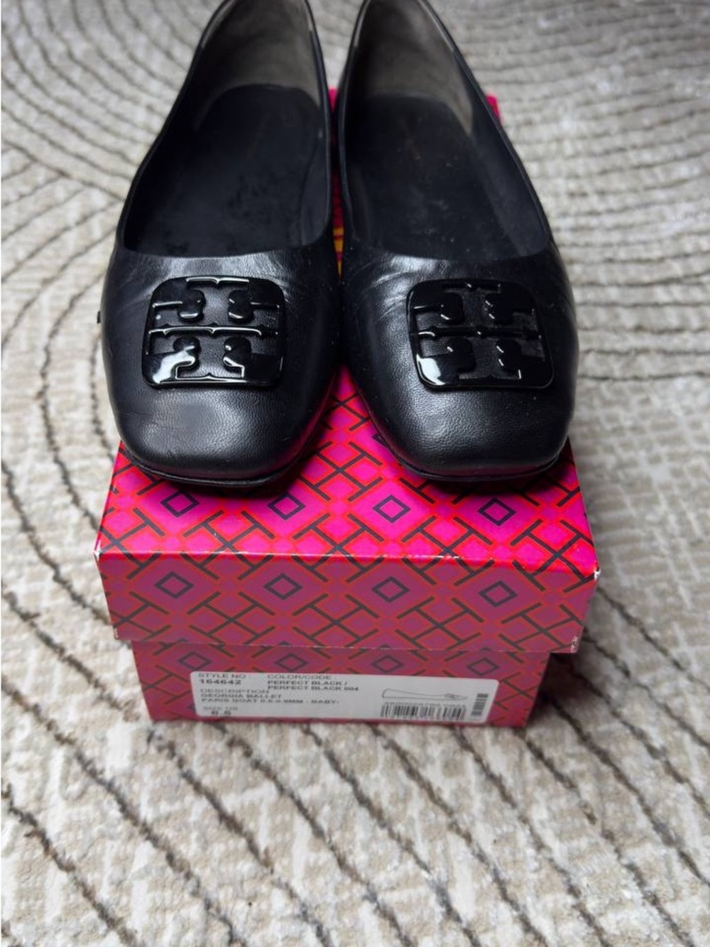 Tory Burch Black Leather Logo Square-Toe Flats
